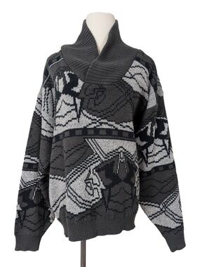 80's V Neck Pullover Knit Sweater Size Medium Grey Black Abstract Print